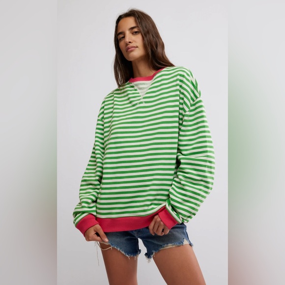 Free People Classic Striped Oversized Crewneck, Watermelon Combo, SMALL NWOT - Picture 2 of 3